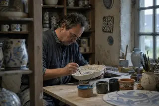 Artisan painting faience plate in a traditional pottery workshop, morning light filtering through a window, shelves of hand-crafted ceramics and work tools create a warm, authentic atmosphere.