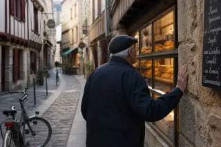 Older man gently touching a stone wall near an artisan bakery, early morning light and subtle street details in Quimper's historic district