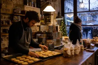 Breton baker arranging cookies in a warmly lit bakery at dusk with market lights and crowds softly visible through frosted windows.